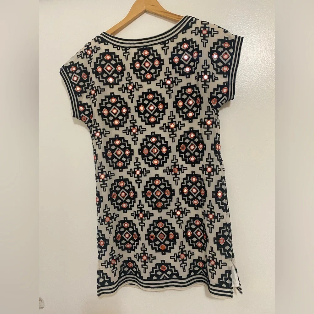 Alice + Olivia Embroidered Tunic in Cream Black and Tangerine
